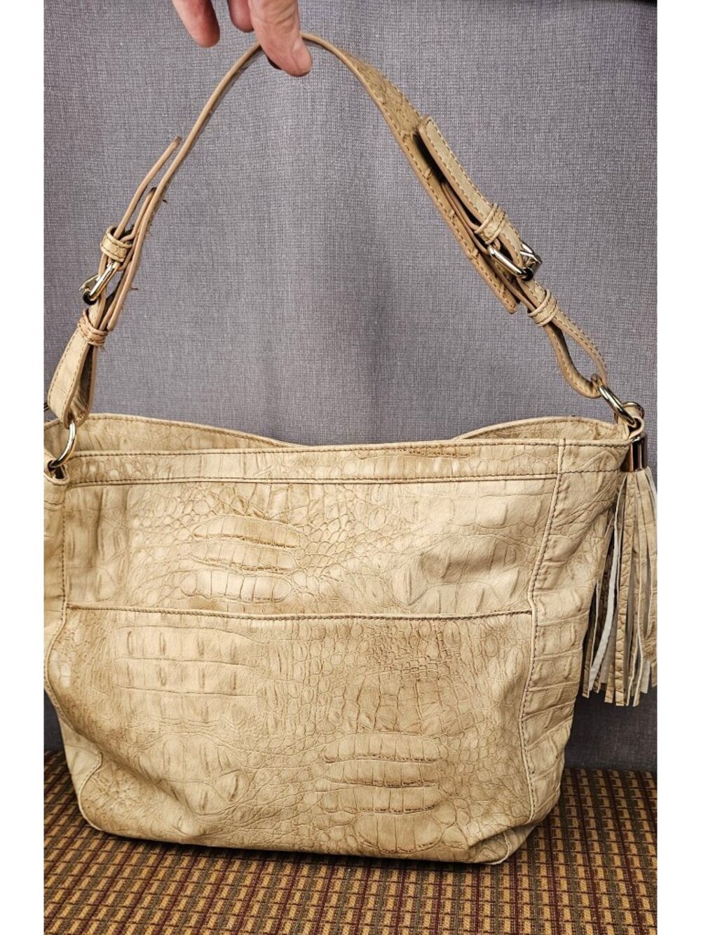 Caroline Hill Beige Croc Embossed Shoulder Bag With Tassel Accent And Adjustable